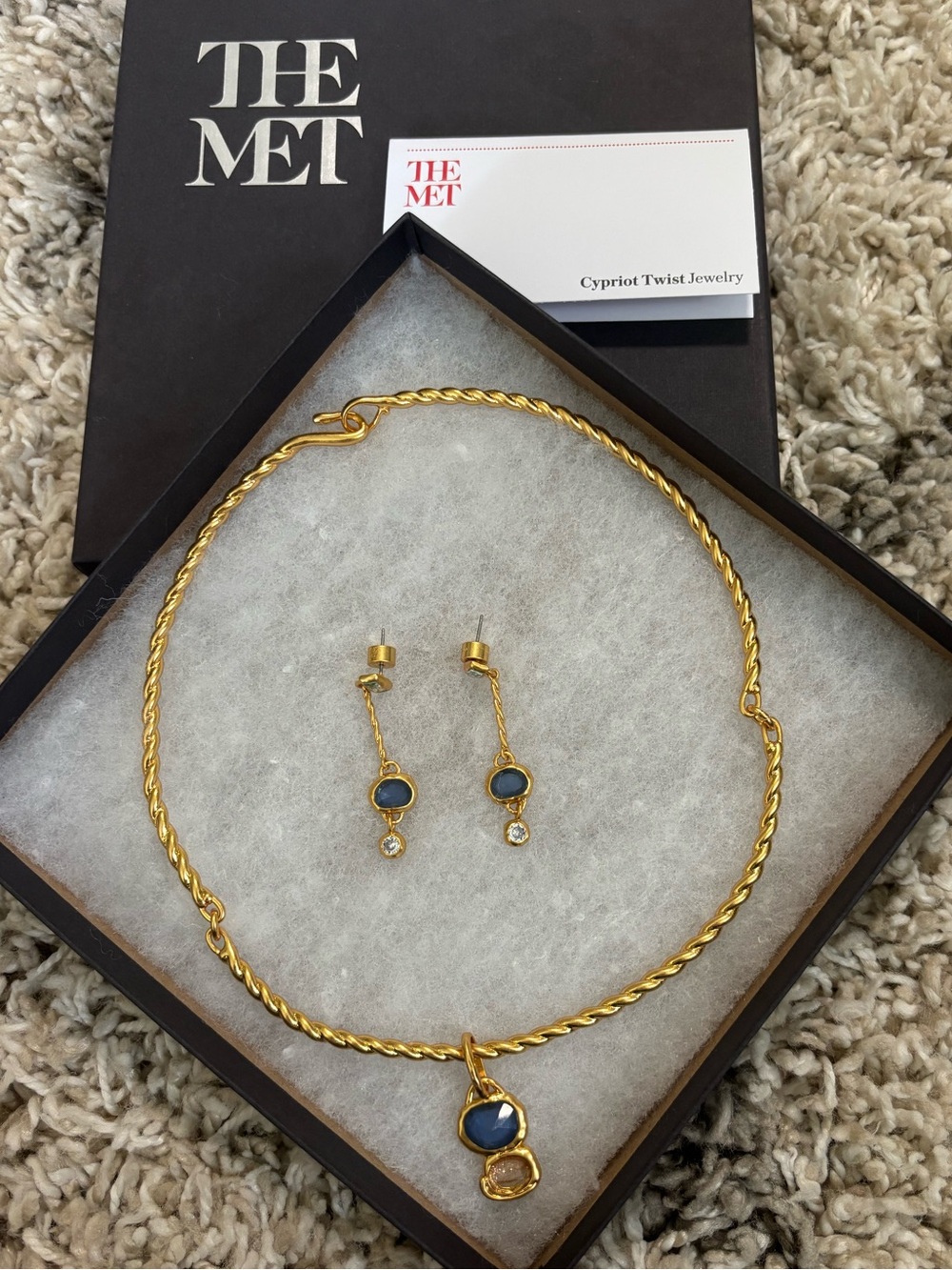 The Met Cypriot Twist Gold Plated Necklace & Earring Set with Blue Stones